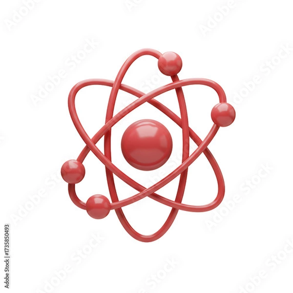 Fototapeta Shiny Red Atom Model with Orbitals on White Background