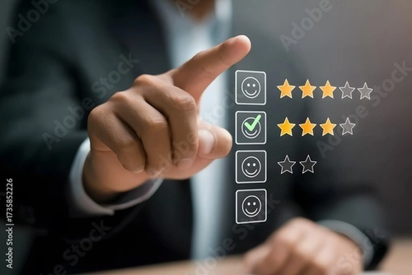 Fototapeta Hand choosing three stars for a customer service experience