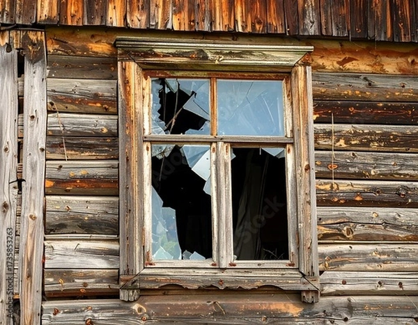 Obraz Broken window on weathered log cabin
