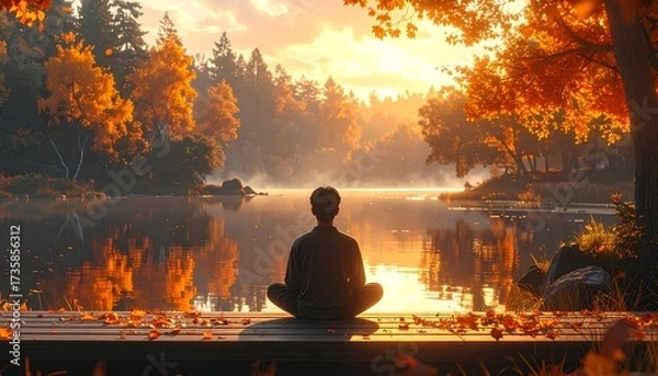 Fototapeta A young man meditating on wooden deck near a calm lake. Surrounded by autumn trees. Warm golden light. Peaceful atmosphere, concept of mindfulness, wellness and self care. Ultra sharp, photorealistic.