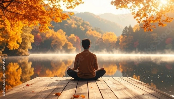 Fototapeta A young man meditating on wooden deck near a calm lake. Surrounded by autumn trees. Warm golden light. Peaceful atmosphere, concept of mindfulness, wellness and self care. Ultra sharp, photorealistic.