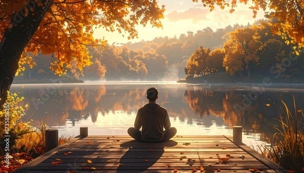 Fototapeta A young man meditating on wooden deck near a calm lake. Surrounded by autumn trees. Warm golden light. Peaceful atmosphere, concept of mindfulness, wellness and self care. Ultra sharp, photorealistic.
