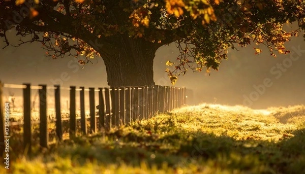 Fototapeta Autumnal tree by a fence