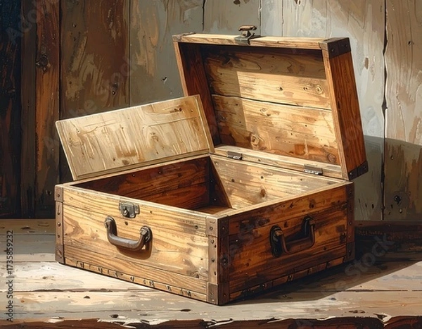 Fototapeta Open wooden chest on rustic table