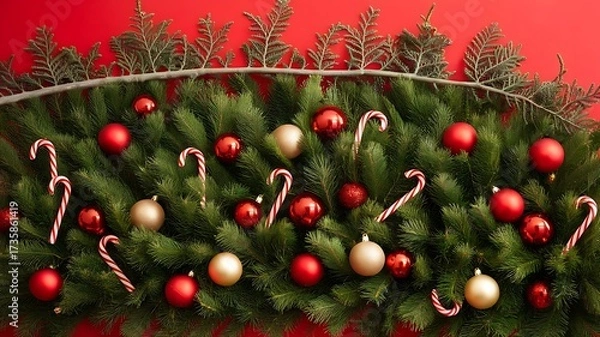 Obraz Festive Christmas Garland Adorned with Ornaments and Candy Canes against a Red Backdrop Offers a Warm Holiday Greeting