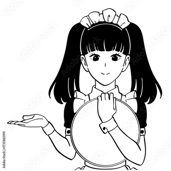 Obraz メイドカフェへ案内する女の子の白黒イラスト