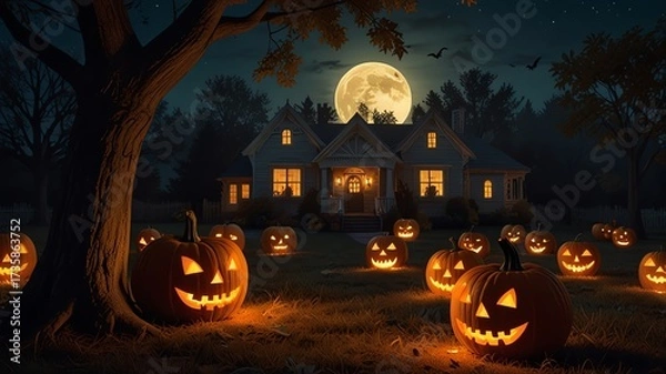 Fototapeta Spooky jack o'lanterns glow under a full moon before a haunted house.