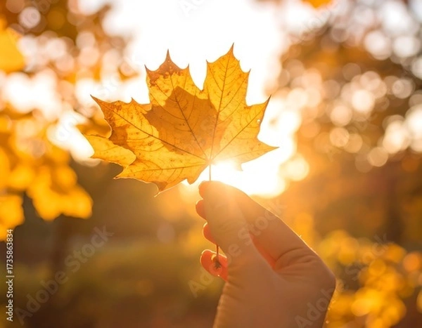 Fototapeta A hand holds a vibrant autumn leaf in the sunlight