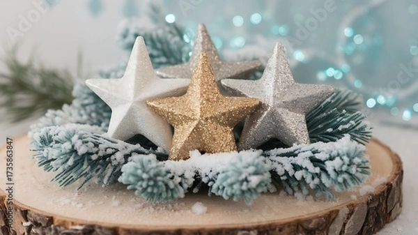 Obraz Festive Christmas Stars Ornament with Snow and Evergreen Branches for Holiday Decor Showcase.