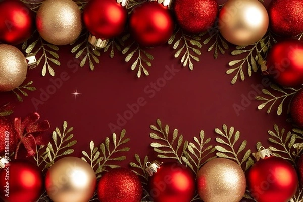 Obraz Festive Holiday Ornament Arrangement Creating a Charming Red and Gold Border for Celebratory Occasions