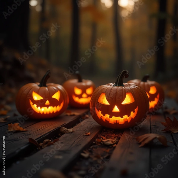 Fototapeta Spooky pumpkins glow on a wooden path in an autumn forest, perfect for Halloween.