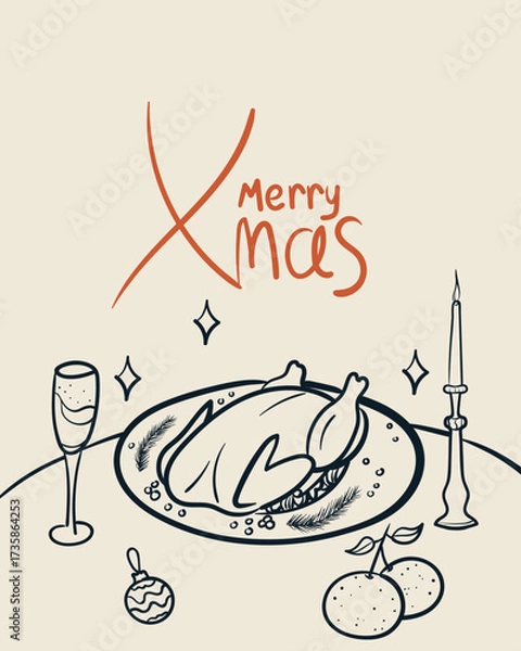 Fototapeta Merry Christmas greeting card. Doodle drawing of served table ready for dinner. Vintage ink sketch minimalist style. Hand drawn retro style vector illustration.