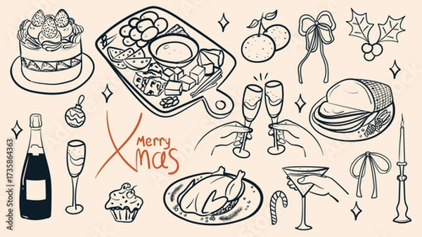 Fototapeta Vintage Merry Christmas elements collection. Christmas dinner table with food and champagne. Doodle ink sketch minimalist style. Hand drawn retro style vector illustration.