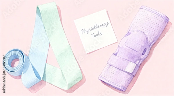 Fototapeta Overhead flat lay of a pale blue roll of ribbon and a pastel green ribbon next to a small white card with elegant script text and a light purple medical wrist brace on a soft pink background