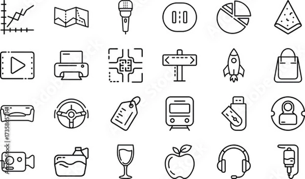 Fototapeta Minimal Line Icons – Business, Technology, Food, Travel, Communication, Shopping, Multimedia, Transport, Lifestyle, and Everyday Objects Vector Design Collection"