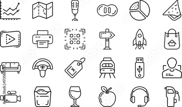 Fototapeta Minimal Line Icons – Business, Technology, Food, Travel, Communication, Shopping, Multimedia, Transport, Lifestyle, and Everyday Objects Vector Design Collection"