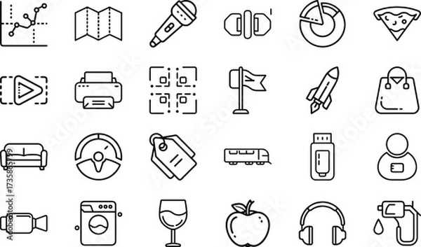 Fototapeta Minimal Line Icons – Business, Technology, Food, Travel, Communication, Shopping, Multimedia, Transport, Lifestyle, and Everyday Objects Vector Design Collection"