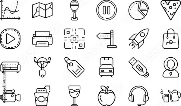 Fototapeta Minimal Line Icons – Business, Technology, Food, Travel, Communication, Shopping, Multimedia, Transport, Lifestyle, and Everyday Objects Vector Design Collection"