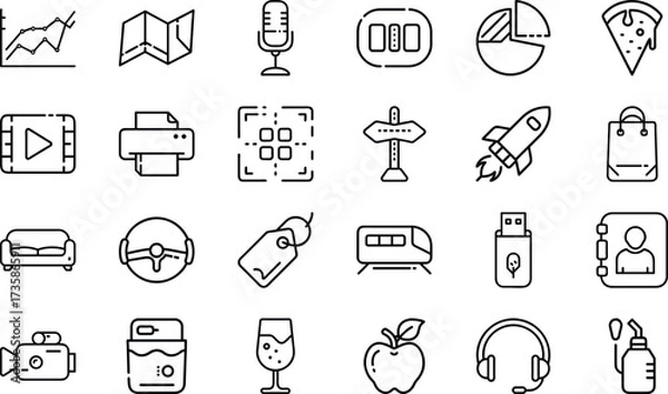 Fototapeta Minimal Line Icons – Business, Technology, Food, Travel, Communication, Shopping, Multimedia, Transport, Lifestyle, and Everyday Objects Vector Design Collection"