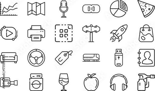 Fototapeta Minimal Line Icons – Business, Technology, Food, Travel, Communication, Shopping, Multimedia, Transport, Lifestyle, and Everyday Objects Vector Design Collection"