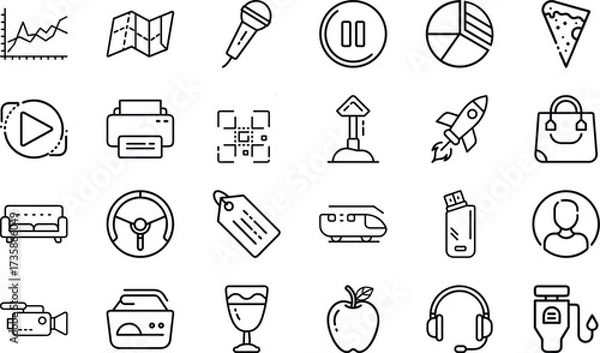 Fototapeta Minimal Line Icons – Business, Technology, Food, Travel, Communication, Shopping, Multimedia, Transport, Lifestyle, and Everyday Objects Vector Design Collection"