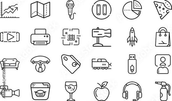 Fototapeta Minimal Line Icons – Business, Technology, Food, Travel, Communication, Shopping, Multimedia, Transport, Lifestyle, and Everyday Objects Vector Design Collection"