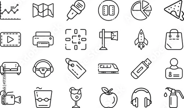 Fototapeta Minimal Line Icons – Business, Technology, Food, Travel, Communication, Shopping, Multimedia, Transport, Lifestyle, and Everyday Objects Vector Design Collection"