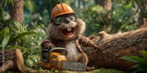 Obraz Closeup of a cute smiling cartoon character of a beaver lumberjack wearing orange construction safety helmet holding a professional chainsaw, standing on a tree trunk in a green forest. Generative Ai.