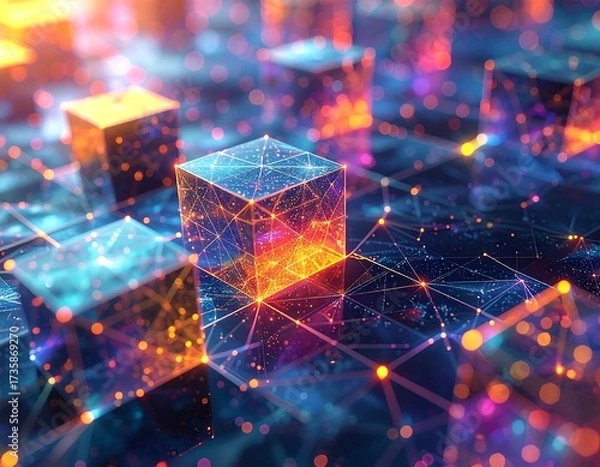 Fototapeta Abstract glowing cubes interconnected