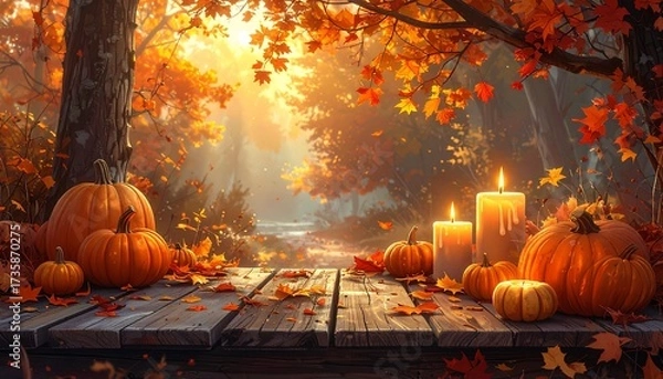 Fototapeta A cozy autumn scene with pumpkins, fallen leaves. Warm candlelight and a rustic wooden table decorated for Halloween. Soft golden tones, festive atmosphere, perfect seasonal stock image.