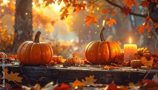 Fototapeta A cozy autumn scene with pumpkins, fallen leaves. Warm candlelight and a rustic wooden table decorated for Halloween. Soft golden tones, festive atmosphere, perfect seasonal stock image.