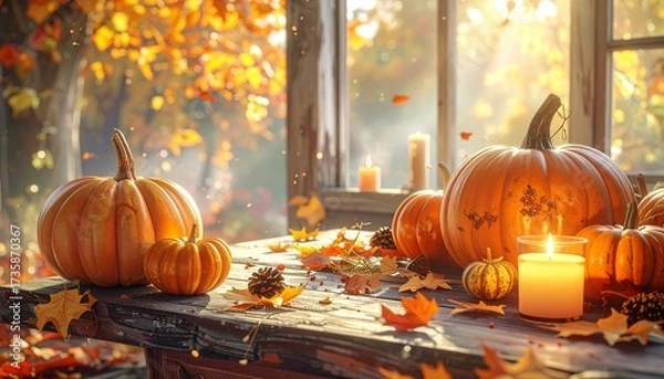 Fototapeta A cozy autumn scene with pumpkins, fallen leaves. Warm candlelight and a rustic wooden table decorated for Halloween. Soft golden tones, festive atmosphere, perfect seasonal stock image.
