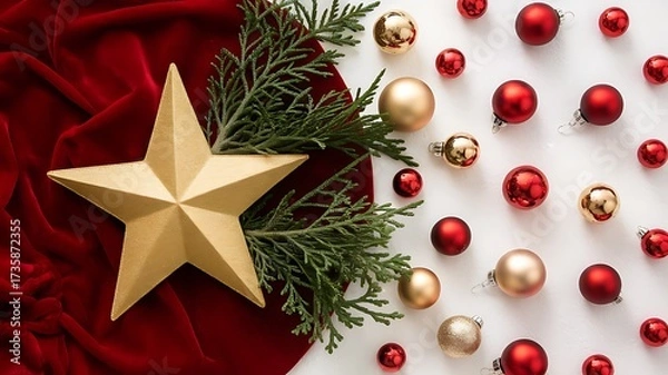 Obraz Festive Holiday Still Life: A Golden Star, Red Velvet, Evergreen Sprigs, and Sparkling Ornaments Create a Classic Christmas Scene