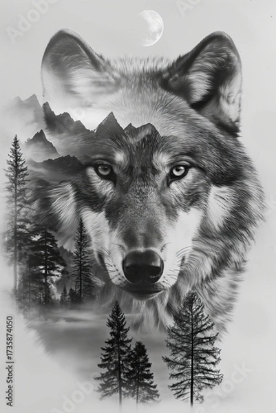 Fototapeta Graphic image of a wolf against a background of a forest and a full moon.
