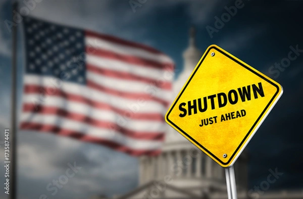 Fototapeta US Government Shutdown just ahead warning sign