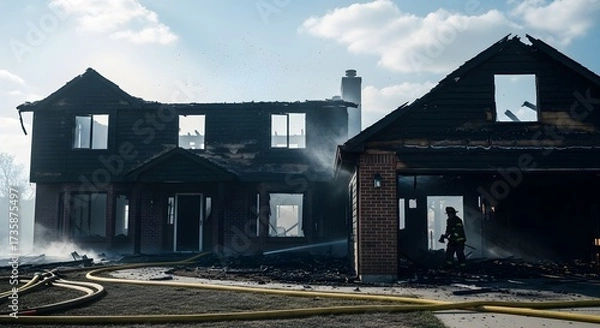 Fototapeta Devastated Home Fire-Damaged Building with First Responder Standing Amidst the Smoke