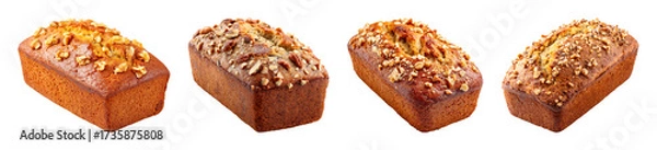 Fototapeta Delicious Homemade Banana Nut Bread Loaves with Toasted Nuts, Perfect for Baking, Desserts, and Cafe Menus PNG set Transparent backround