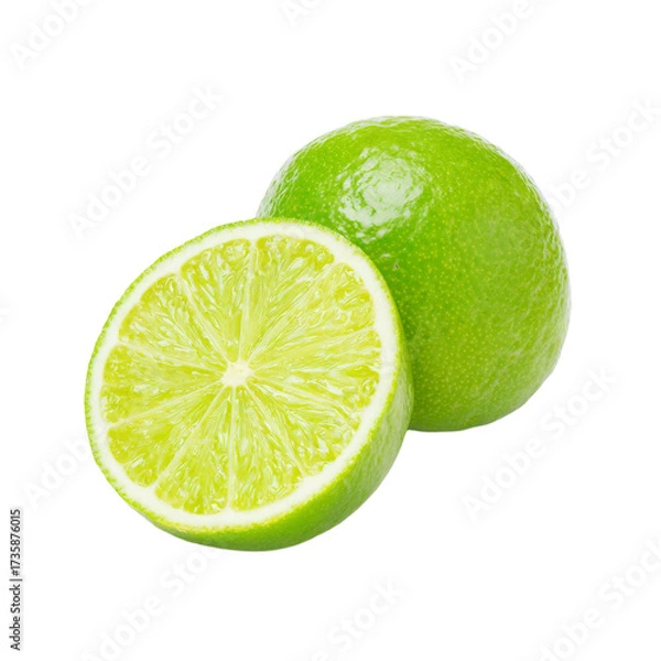Fototapeta Fresh Green Lime Citrus Fruit, Half Cut and Whole, Vibrant Color, Healthy Food Concept, Isolated Transparent Background PNG set Transparent Background