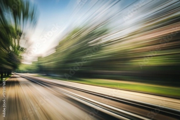 Fototapeta Abstract speed motion blur on road through trees in daytime