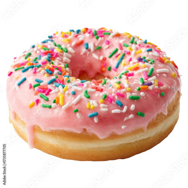 Fototapeta Pink Glazed Donut with Colorful Sprinkles on White Background - PNG set Transparent background