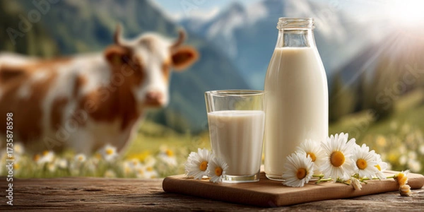 Obraz Hyper-realistic close-up of fresh milk in glass bottle and glass on wooden board with daisies, alpine cow in sunny pasture background. Perfect for natural dairy product ads. Generative Ai.