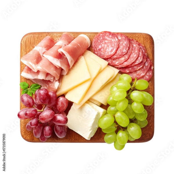 Fototapeta Delicious Charcuterie Board with Cured Meats, Cheeses, and Grapes on Wooden Platter PNG set Transparent background