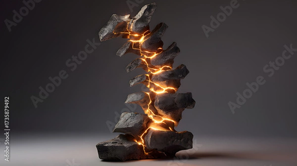 Fototapeta A sculptural representation of a human spine made of cracked stone with five points of intense pressure glowing warmly.