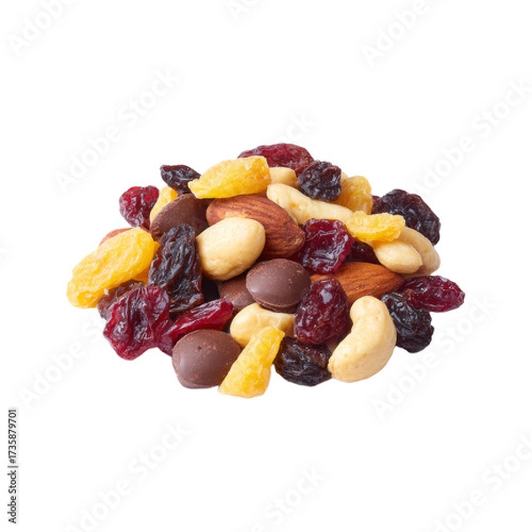 Fototapeta Delicious Trail Mix with Nuts Dried Fruit and Chocolate Pieces on White Background PNG set Transparent backround