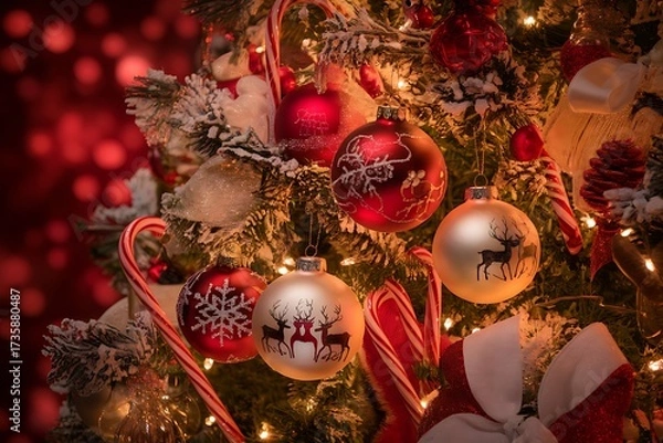 Obraz Festive Christmas Tree Decorations with Ornaments and Candy Canes Creating a Warm and Cozy Holiday Atmosphere