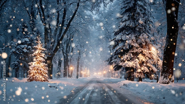 Fototapeta Twilight snow path leading to bright Christmas tree, surrounded by snow-laden evergreens, gentle snow falling, dreamy and heartwarming festive landscape.