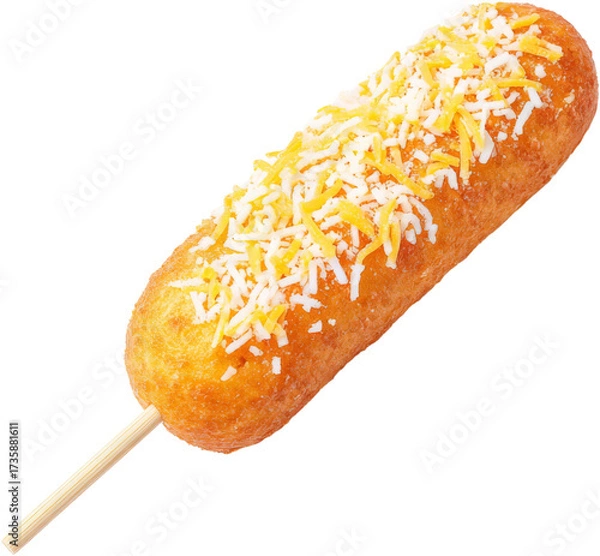 Fototapeta Golden Corn Dog with Shredded Cheese Topping on Wooden Stick, Isolated on White Background, PNG set Transparent background