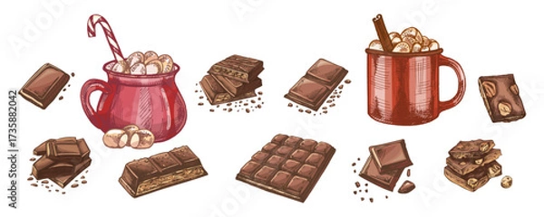 Fototapeta Hand drawn vintage sketch of hot cocoa mugs with marshmallows and assorted chocolate bars and pieces set