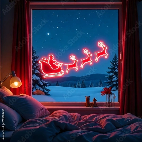 Fototapeta Santa’s sleigh outlined in neon light, pulled by glowing reindeer flying across a starry sky