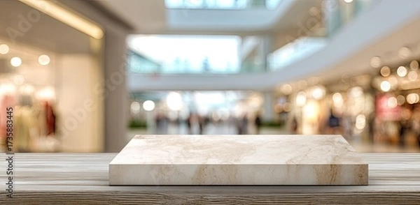 Fototapeta Light beige marble top on a wooden surface, with a blurred background of a busy shopping mall